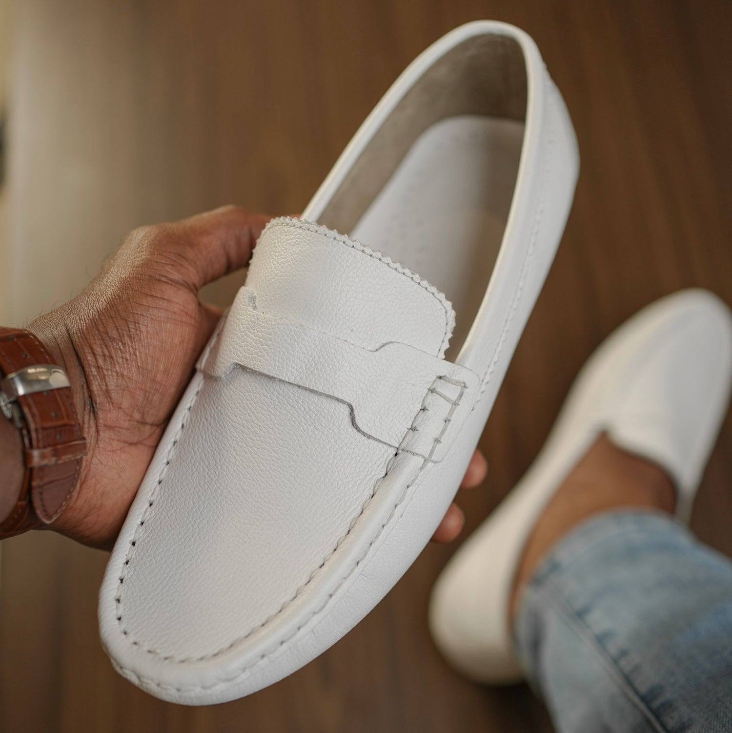Mocassin blanc cuir - Yazuribora
